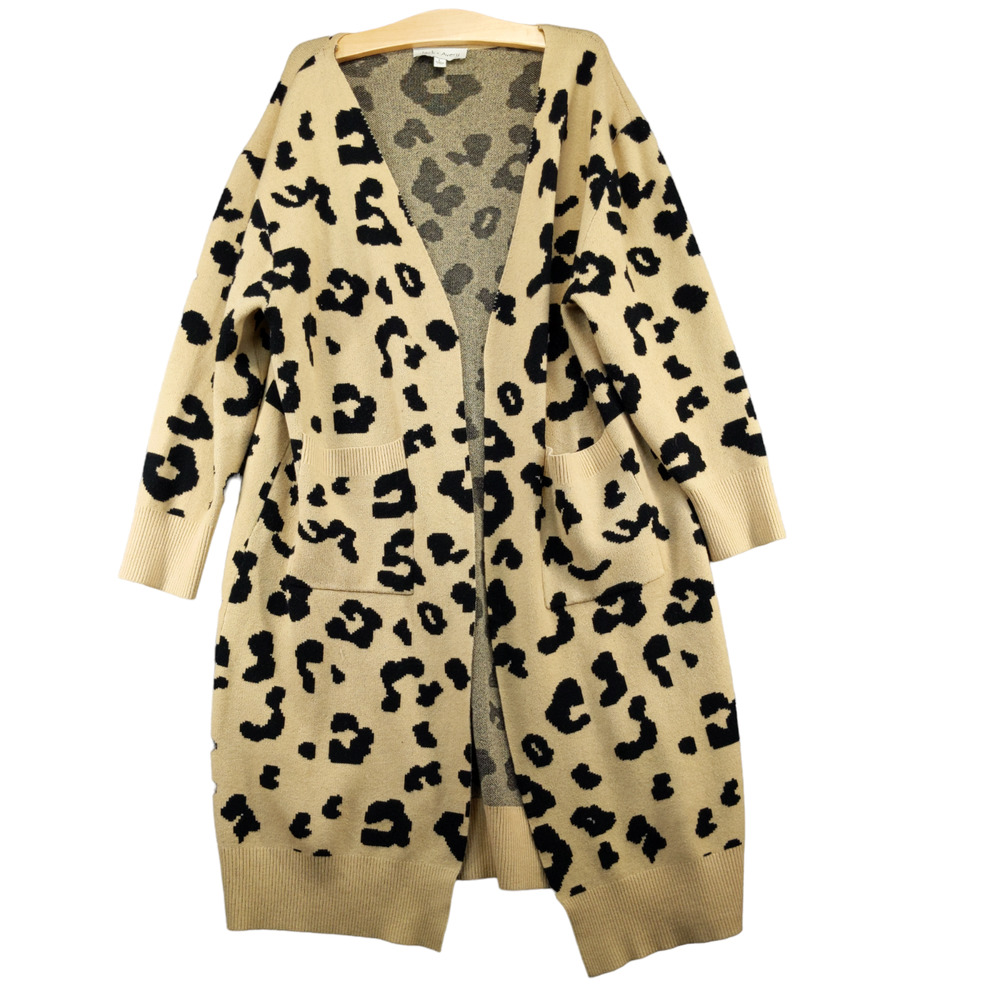 Jack + Avery Womens Cardigan Sweater Tan Black Large Open Front Leopard Print